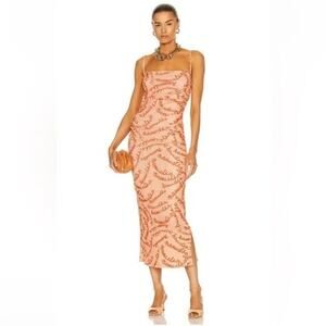 Nanushka Alexa Maxi Dress Orange Peach Logo Print Large Cinched Ruched Bodycon